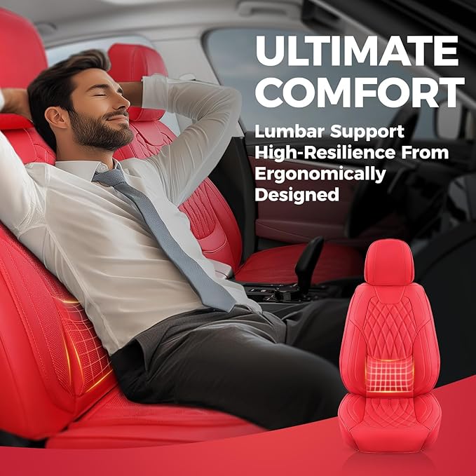 FREESOO Red Car Seat Covers Full Set - Faux Nappa Leather Seat Covers for Cars, Ultra Breathable Waterproof Front Seats Prote