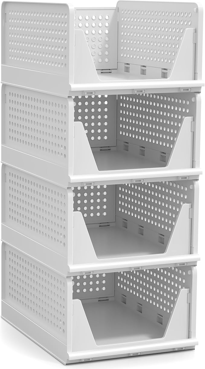 Sorbus 4 Pack Medium Shelf Organizer with Open Front Design Under Shelf for Closet Bathroom Kitchen Garage Plastic Stackable 