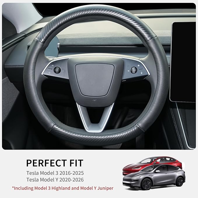 Carbon Fiber Leather Steering Wheel Cover for Tesla Model 3/Y 2016-2025 2026 Juniper/Highland, Non-Slip Breathable Steering Wheel Protector for Tesla Model 3/Y Accessories 2026