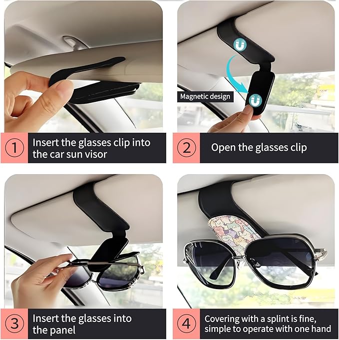 Sunglasses Holder for Car Visor, PU Leather Glasses Clip Organizer, Cute Magnetic Eyeglass Holder for Vehicle Sun Visor, Car Interior Accessory for Women & Men Pastel Cat Stack