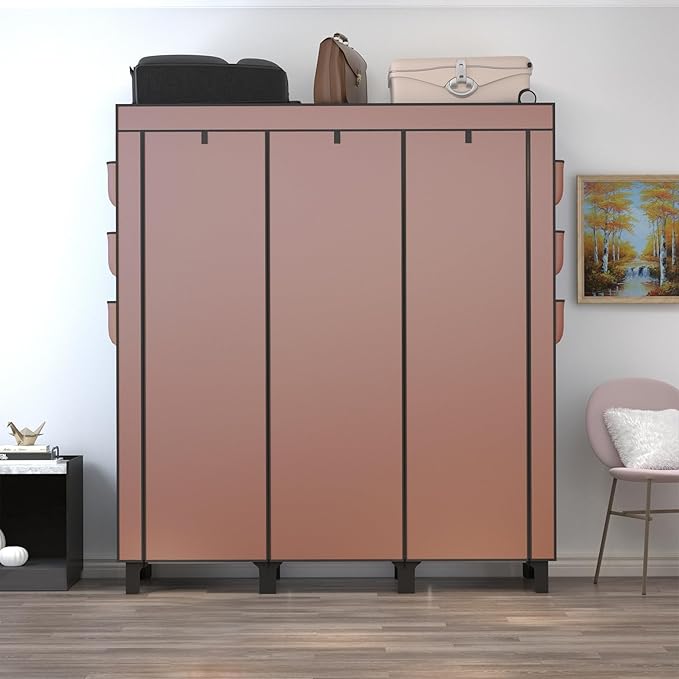 Portable Wardrobe with 10 Storage Racks and 2 Hanging Poles 6 Side Pockets Fleece Cover, Size 130 x 45 x 172 cm, Bedroom Clos