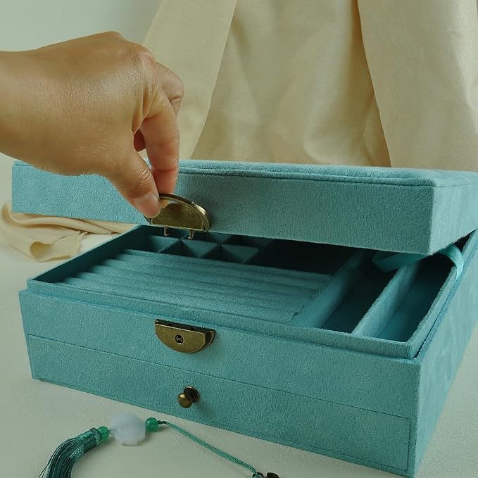 Women Jewelry Box Lockable 3 Layers Large Jewelry Organizer Storage Case for Earrings Necklaces Rings Bracelets,Green Display