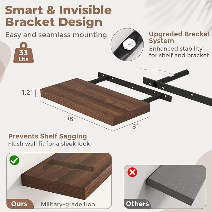 16 Inch Floating Shelves for Wall Set of 2, 8"D Wood Grain Bathroom Shelves with Invisible Brackets, Easy Install Engineered 