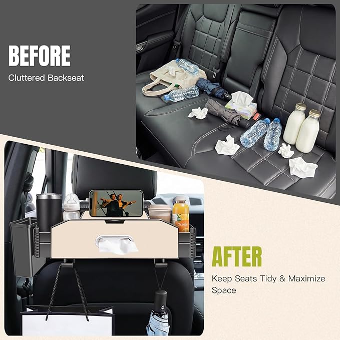 5-in-1 Car Back Seat Organizer and Storage with Extendable Cup Holder, Tissue Holder, Phone Holder, Hanging Hooks, Trash Bin, Back of Seat Car Headrest Organization Accessories for Women Man