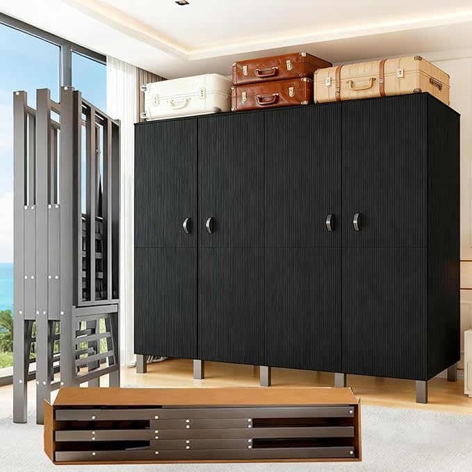 Freestanding Heavy Duty Wardrobe Closet with Magnetic Door, Portable Metal Closets, Foldable Wardrobecloset Organizers and St