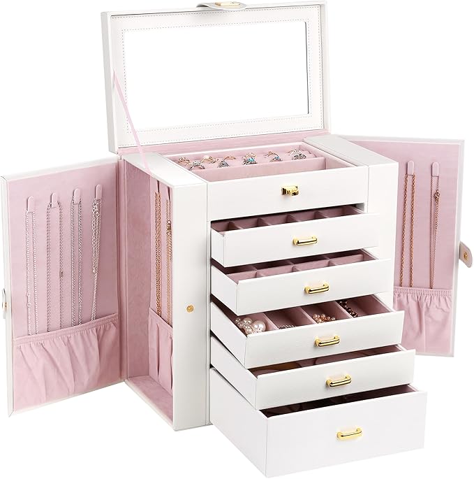 Kendal Extra Large Jewelry Box Jewelry Case PU Leather 6 Tier 5 Drawers Large Storage Capacity with Mirror Jewelry Storage Or