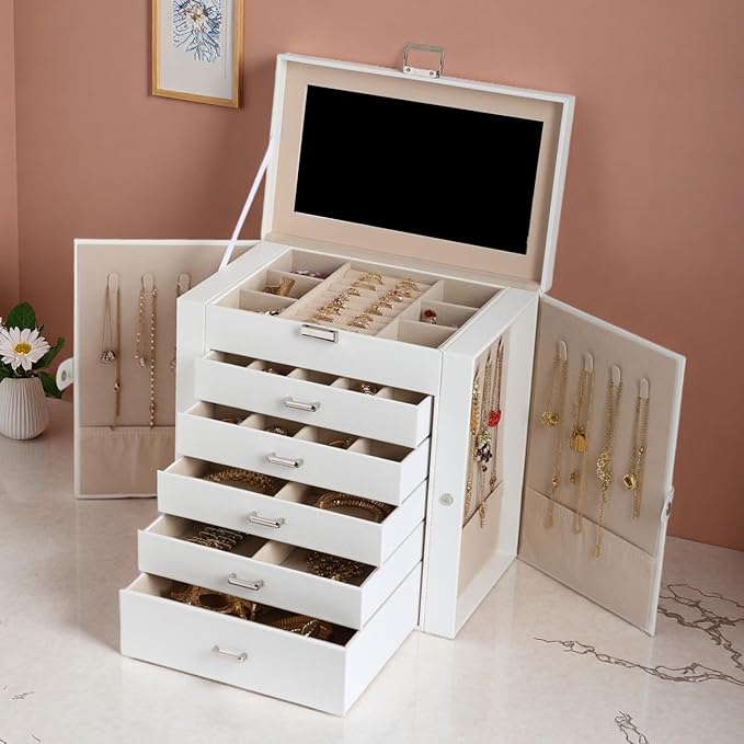 BOOVO Jewelry Box For women, 6 Layer Large Jewelry Organizer With Mirror, Multi-Function Storage Box With Lock, Necklace Hold