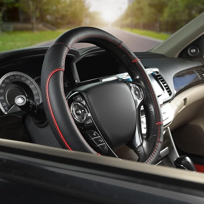 GIANT PANDA Steering Wheel Cover for Honda Civic(2006-2015),CR-Z, Insight, S2000 (Black+Red Line-Small Size)