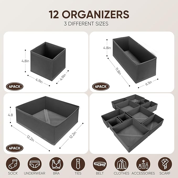 12 Pcs Drawer Organizer Clothes – Dresser Organizers for Baby Clothes, Underwear, Socks & Bedrooms – Foldable Storage Bins fo