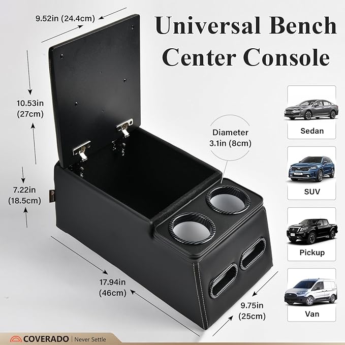 Coverado Car Center Console, Universal Rear Bench Seat Consoles, Truck Seat Organizer and Storage, Back Seat Car Organizer with Cup Holder, Central Armrest Box (Regular, Black)