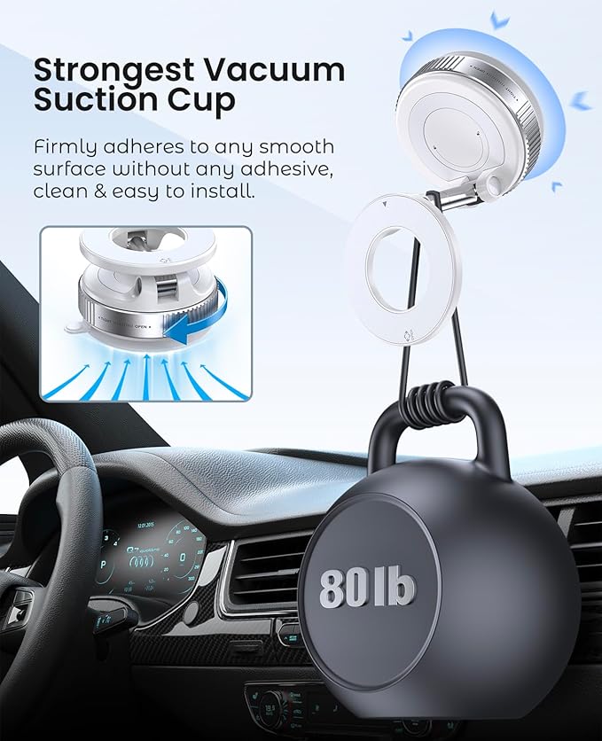 Magnetic Suction Cup Phone Mount for Magsafe, 360° Adjustable Magnetic Car Phone Holder, Pocket Size Foldable Car Mount, Phone Holders for Your Car for iPhone 17 16 15 14 13 12 Series,White