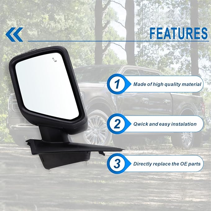 Left Driver Side Mirror Compatible With 2021-2026 Ford F150 With Manual Folding Power Glass Heated Blind Spot Turn Signal Puddle Light Matte Black Replace#ML3Z17683SA(11Pins)