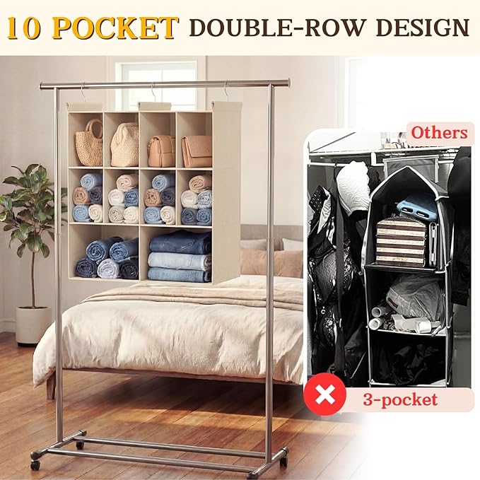 Ofiray-home 3 Tier Hanging Closet Organizer, 10 Compartments Sweater Organizer for Closet with 3 Sturdy Hooks, Closet Organiz