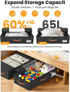 2-Pack Under Bed Storage Bins with Wheels and 6 Vacuum Seal Bags, Heavy Duty 80lbs Capacity, 65L Clear Lid Organizer for Dorm