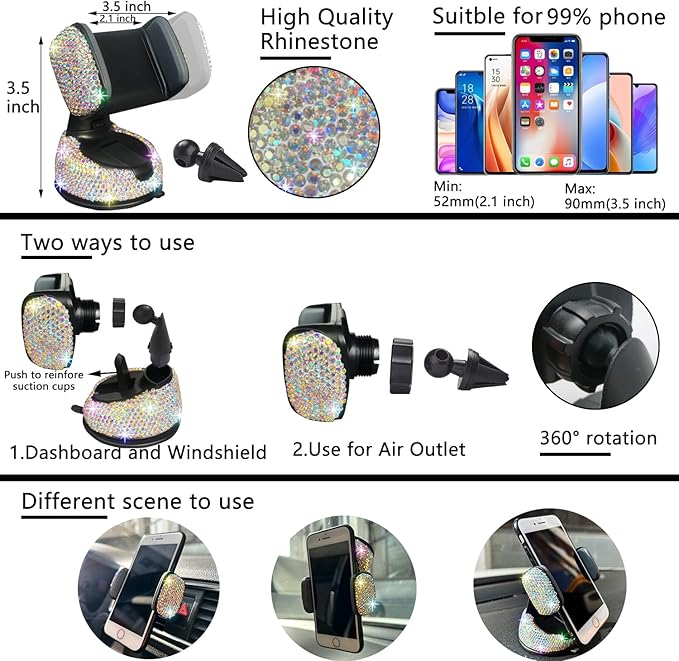 NBTEPEM 27 PCs Multicolor Bling Car Accessories Set for Women, Steering Wheel Covers Universal Fit 15 Inch, Bling License Plate Frame, Bling Phone Holder, Bling Car Coasters