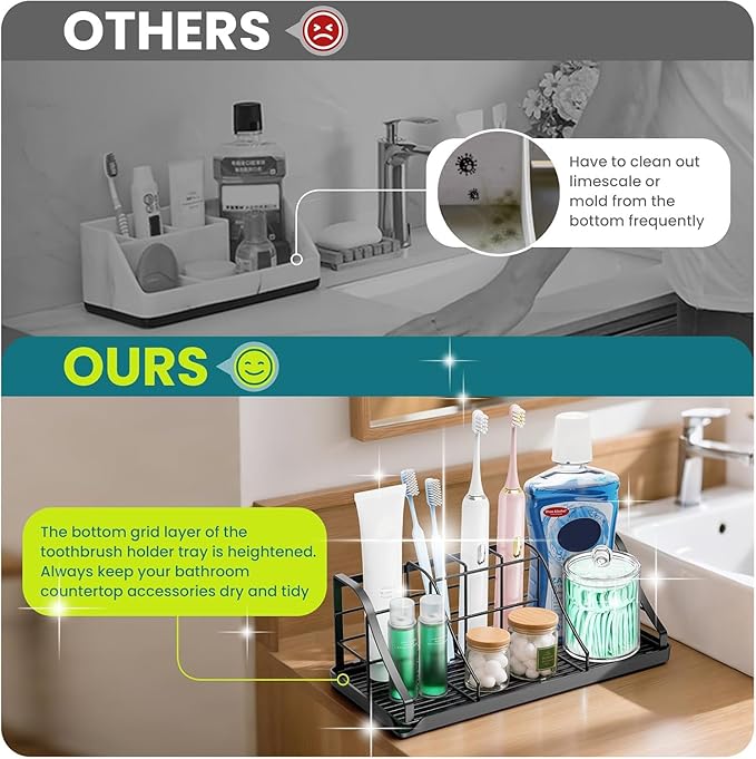 Bathroom Countertop Organizer - Detachable 7 Slots Kids Electric Black Toothbrush and Toothpaste Holder Drainage Tray for Bat