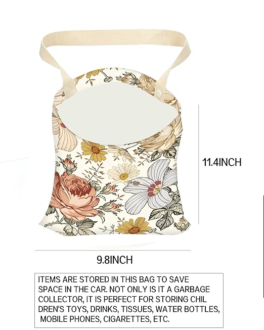 Car Trash Can, Durable Hanging Car Trash Garbage Bag, Cute Automotive Garbage Cans Organizer, Retro White Flowers