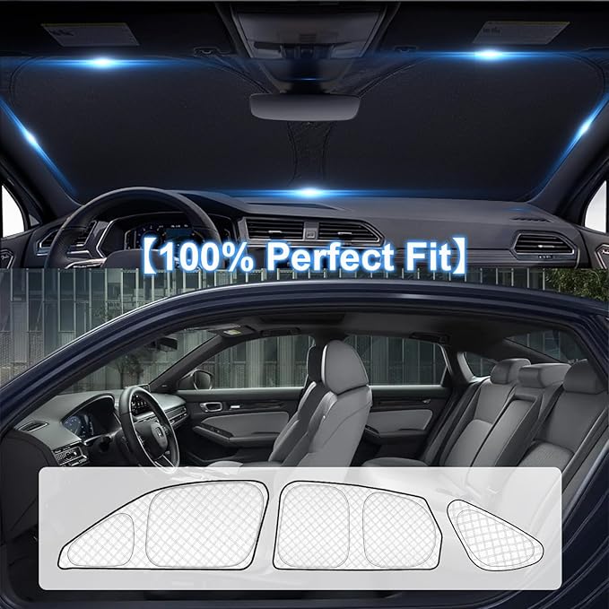 KMF 8pcs Thicken Sun Shades for Honda Civic Sedan 2022-2025(Not Hatchback) Accessories,Full Car Window Covers Sunshade for Windshield Side Rear, UV Block and Blackout Privacy for Camping