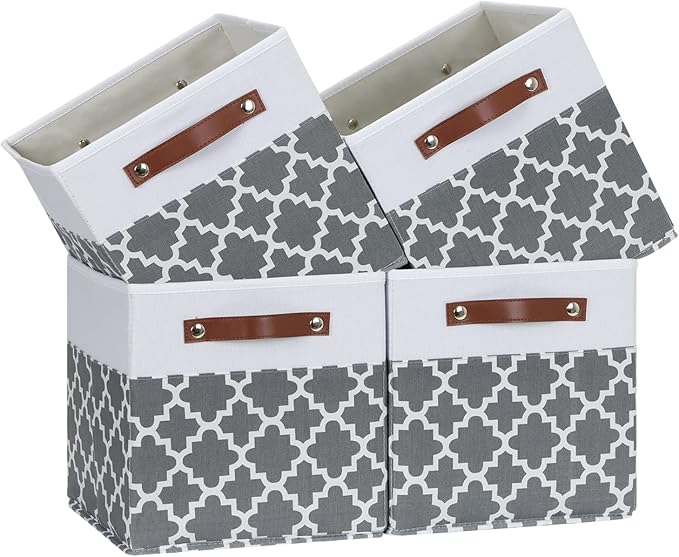 Temary 11x11x11 Cube Storage Bins Cube Organizer Bins 4 Pack Canvas Storage Bin for Home, Cube Storage Basket with Leather Ha