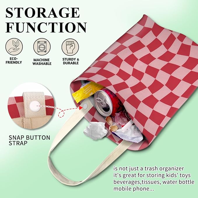 Car Trash Can, Cute Car Trash Bag, Hanging Car Organizer and Storage Bag, Trash Bin for Car Accessories, Vehicle, Travelling, Camping Cute Pink Abstract Checkerboard