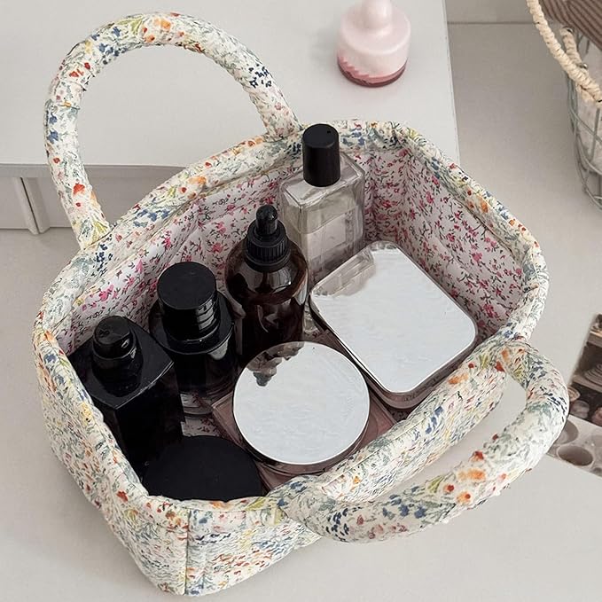 Small Storage Basket Organizer, Mini Fabric Floral Storage Baskets with Handle, Quilted Portable Collapsible Storage (M)