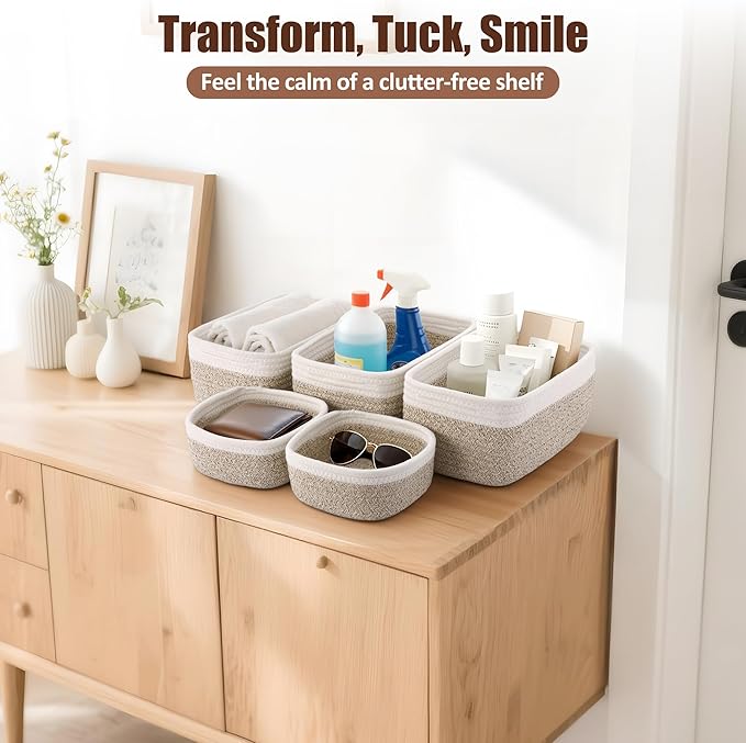 5-Pack Small Woven Rope Storage Baskets – 2 Sizes Organizer Bins for Closet, Shelf, Bookshelf, Nursery, Changing Table, Fabri