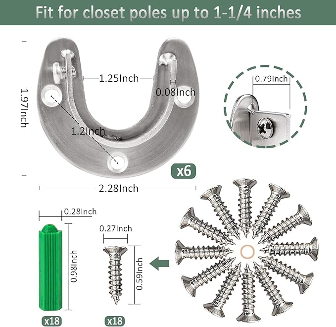 Cosweet 6 Packs Stainless Steel Closet Pole Sockets- Closet Rod End Supports, Flange Set Rod Holder with Screws for Easy Inst