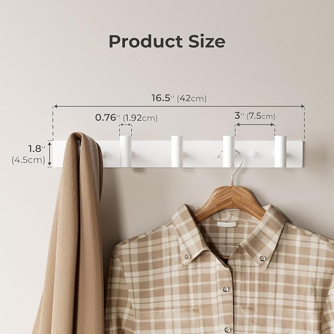 GWAAZXGZ White Wall Mounted Coat Rack – 5 T-Shaped Pegs for Hats, Bags & Towels, Heavy-Duty Metal Rail for Entryway, Bathroom
