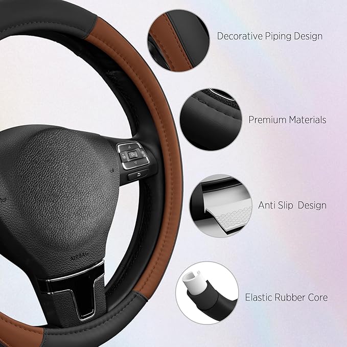 Road Comforts Leather Steering Wheel Cover with Decorative Trim and Piping, Anti-Slip Breathable Design, Fits 14.5–15 Inch Ro