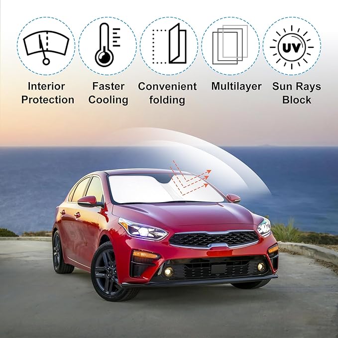 Front Windshield Sun Shade Foldable Car Front Window Sun Shade Windshield Shade Custom Fit for 2019-2023 Kia Forte Block UV Rays Accessories Heat Keep Cooler