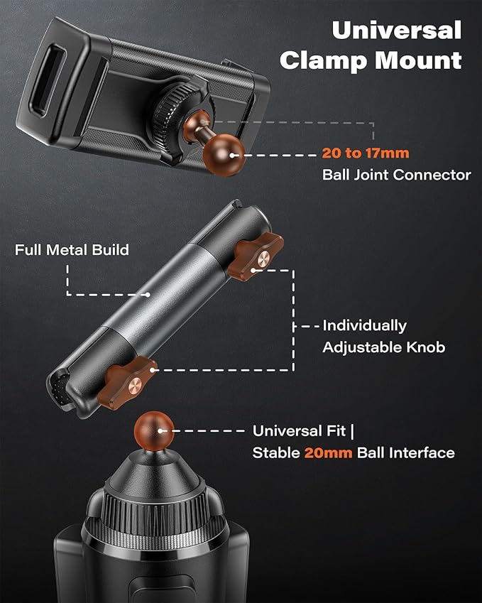 A2C Heavy-Duty iPad Holder for Car Cup Holder, 5.5" Stable & Adjustable Aluminum Alloy Arm, Tablet Mount for Car Truck Road Trip Essentials Compatible with 4.7"-13" Cell Phones & Tablets