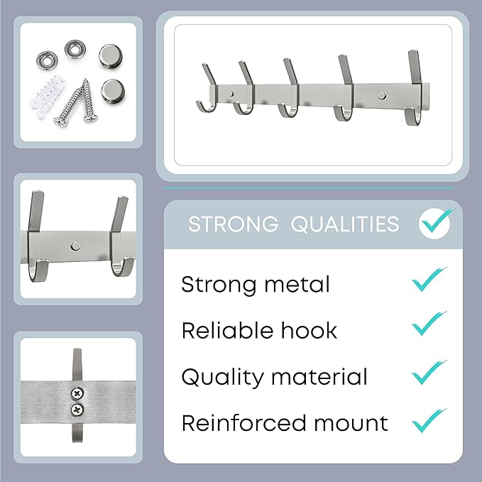 Coat Rack Wall Mount – Brushed Nickel 15 Inch Stainless Steel Hook Rail with 5 Heavy Duty Double Coat Hooks – Wall Mounted Co