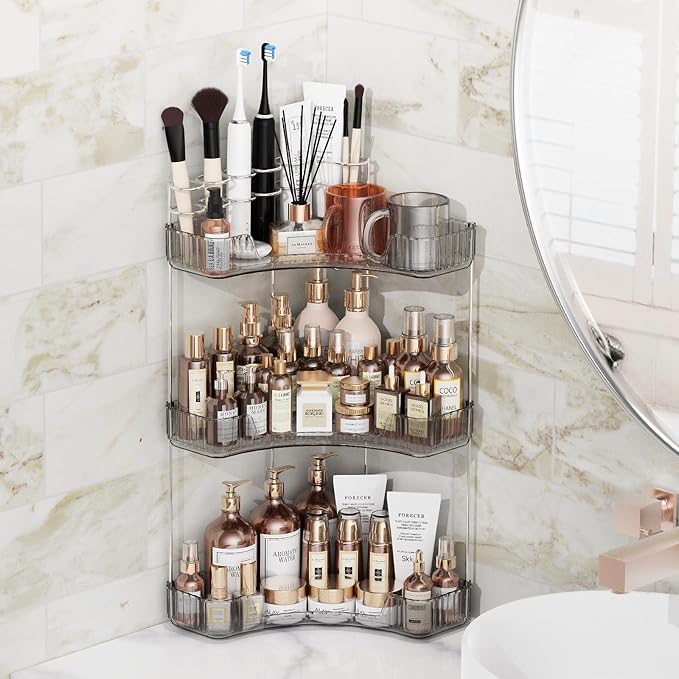 Asayuee 3-Tier Corner Bathroom Counter Organizer with Top Toothbrush Holders,Large Makeup Organizer Countertop with Brush Hol