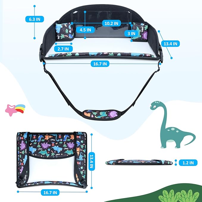 2Pcs Kids Travel Tray for Toddler Carseat, Road Trip Activities Essentials for Toddler, Kids Lap Desk Tray with Tablet Holder Stand ＆ Dry Erase Board (Dinosaur-2Pcs)