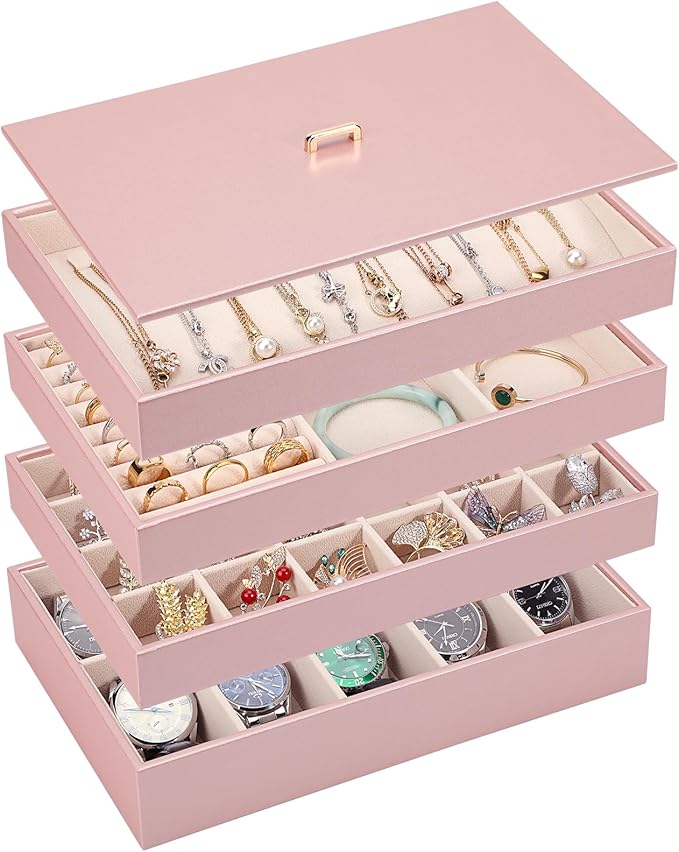 Voova Stackable Jewelry Organizer Tray with Lid, PU Leather Jewelry Storage Holder for Drawer Inserts, Jewellery Display Box 