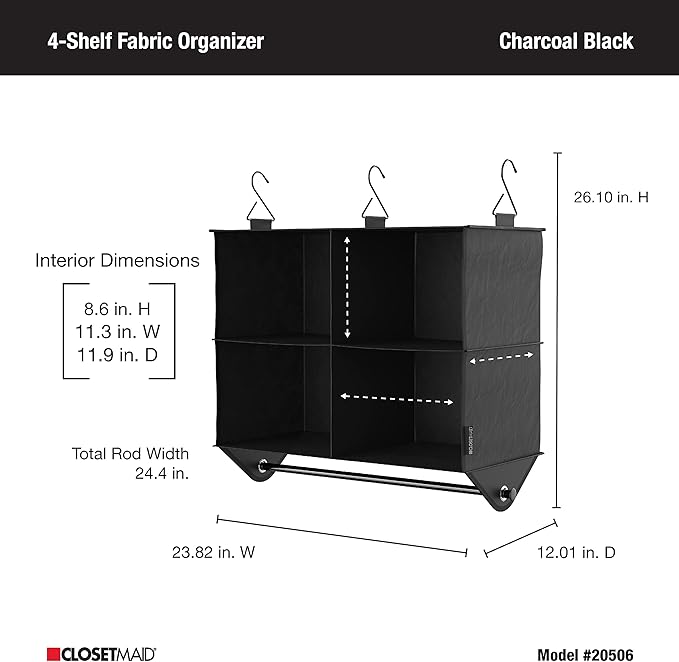 ClosetMaid 4-Shelf Fabric Hanging Closet Organizer with Garment Rod for Shirts, Sweaters, Pants, Hats, Shoes, Purses with Cha
