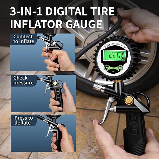 Digital Tire Inflator with Pressure Gauge, 250 PSI Heavy Duty Air Compressor Accessories, 0.1 Display Resolution Air Chuck with Rubber Hose & Quick Connect Coupler for Car, Truck, RV