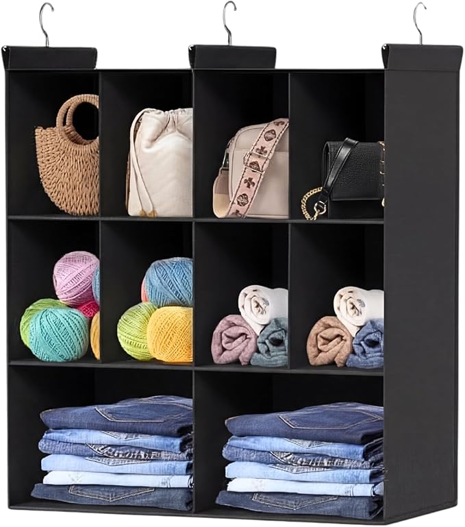 Ofiray-home 3 Tier Hanging Closet Organizer, 10 Compartments Sweater Organizer for Closet with 3 Sturdy Hooks, Closet Organiz