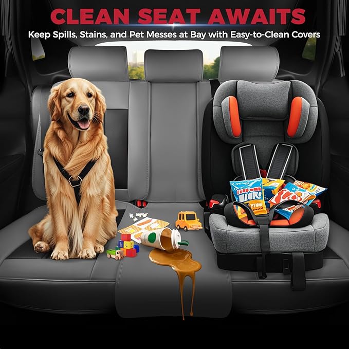 FREESOO Car Seat Covers Full Set, Black Gray Waterproof Car Seat Cover, Leather Seat Covers for Trucks, Luxury Car Seat Cover