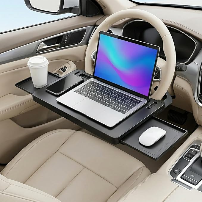 2 in 1 Steering Wheel Desk with Dual Slide Out Trays - Adjustable Laptop Holder for car with Tablet Slot Anti Slip Surface for Eating Writing Working Fit for Car SUV