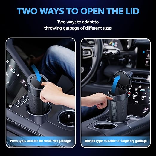 Car Cup Holder Trash Can with Lid - Mini Small Auto Garbage Can Bin for Vehicle, Car Door, Back Seat - Leakproof Portable Dustbin (Black)