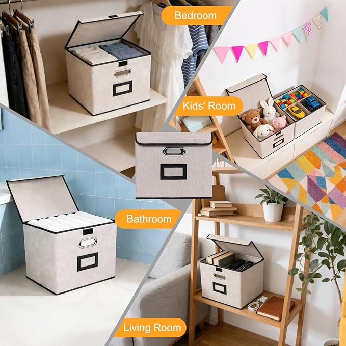 Large Square Storage Bin with Lid, Foldable Organizer Box with Handles & Label Design, for Office, Closet, Home, Documents, G