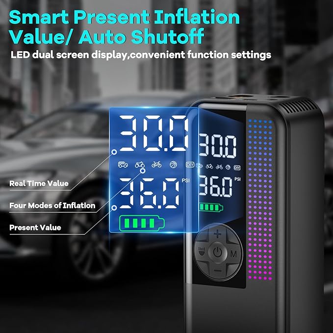 Tire Inflator Portable Air Compressor,150 PSI Cordless Air Pump, 12V DC Car Plug,Dual Power 10000mAh, Fast Inflation 24L/Min, 4 Preset Modes for Car, Bike, Motorcycle, Balls (Black, 10000mAh)
