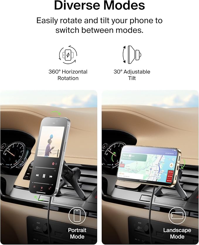 Belkin Wireless Car Charger, Magnetic Car Vent Mount w/ 3.3ft USB C Cable, Qi2 MagSafe Compatible Fast Charging iPhone Charger for iPhone 17, Galaxy S26, Pixel 10, & More - Travel Accessories - Black