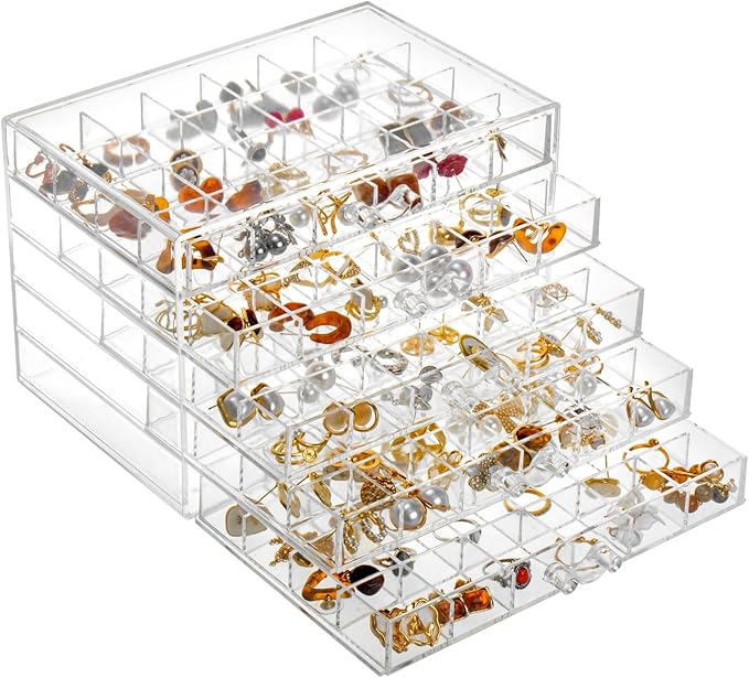 YUFONG Earring Storage Box Organizer, Acrylic Jewelry Storage Box Holder 5 Drawers Transparent Jewelry Display Stand with 120