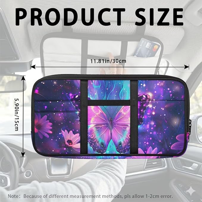 Butterfly Print Car Sun Visor Bag Auto Interior Accessories Pocket Organizer with Zipper 11.81 x 5.9 Inch Storage Pouch Holder for Pen,Driving License etc