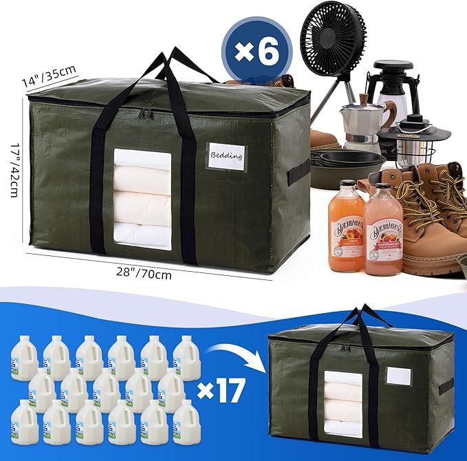 TAILI 6 Pack Green Extra Large Moving Bags, Heavy Duty Totes with Visible Window, Wrap Around Handles, Space-Saving Storage, 