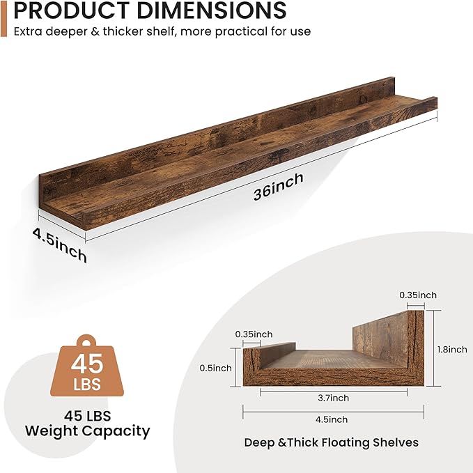 Fun Memories Picture Ledge Shelves Set of 2, 36 Inch Rustic Wall Mounted Floating Shelves with Lip for Home Storage and Décor