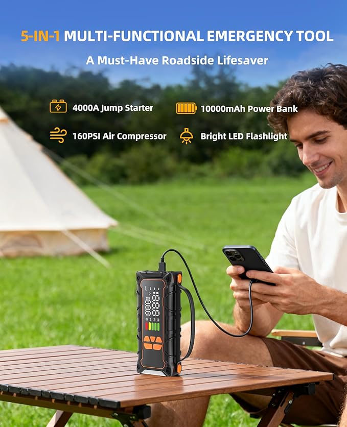 Battery Jumper Starter Portable, Jump Starter with Air Compressor-4000A 12V (7.0L Gas/ 6.0L Diesel) with 160PSI Tire