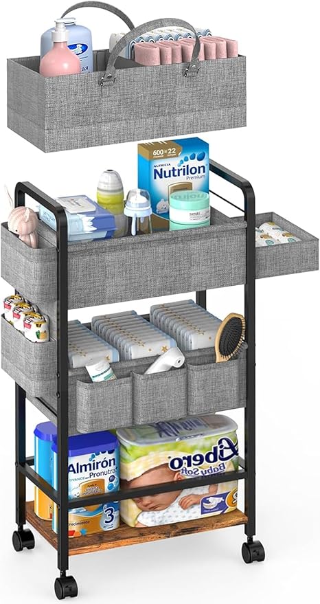 LIDTOP 2In1 Baby Diaper Caddy & 4-Tier Rolling Diaper Cart, Diaper Caddy Organizer Cart with Dividers & Drawer, Mobile Metal 